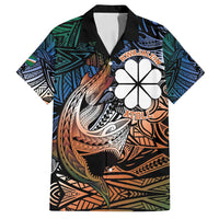 Personalised Kwajalein Atoll Family Matching Summer Maxi Dress and Hawaiian Shirt Polynesian Shark Tattoo Gradient Vibes LT14 Dad's Shirt - Short Sleeve Black - Polynesian Pride