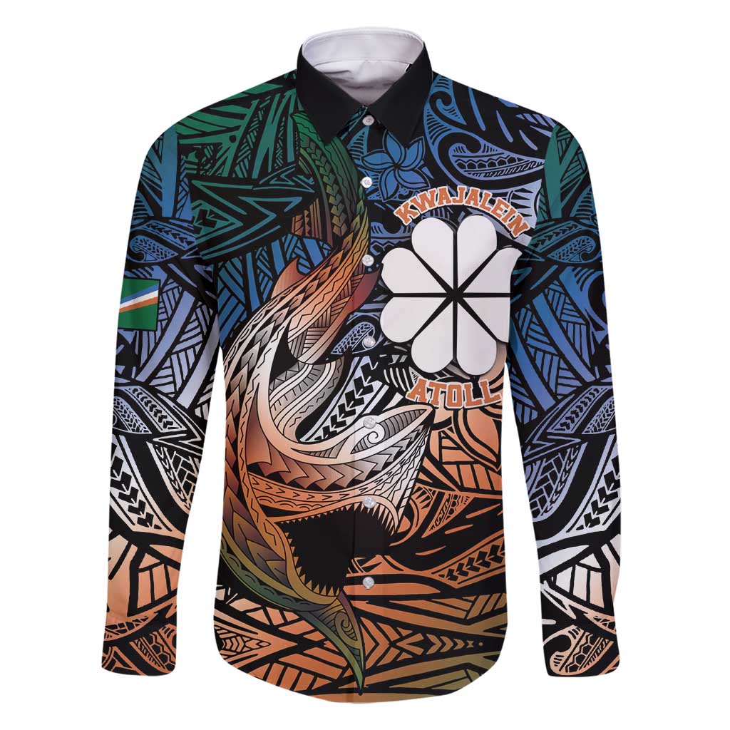 Personalised Kwajalein Atoll Family Matching Summer Maxi Dress and Hawaiian Shirt Polynesian Shark Tattoo Gradient Vibes LT14 Dad's Shirt - Long Sleeve Black - Polynesian Pride