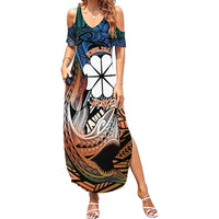 Personalised Kwajalein Atoll Family Matching Summer Maxi Dress and Hawaiian Shirt Polynesian Shark Tattoo Gradient Vibes LT14 Mom's Dress Black - Polynesian Pride