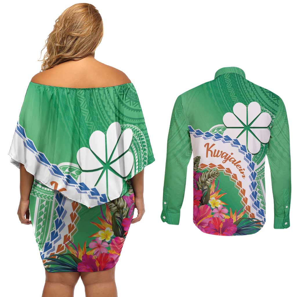 Marshall Islands Kwajalein Atoll Couples Matching Off Shoulder Short Dress and Long Sleeve Button Shirt Curves Polynesian Mix Tropical Flowers