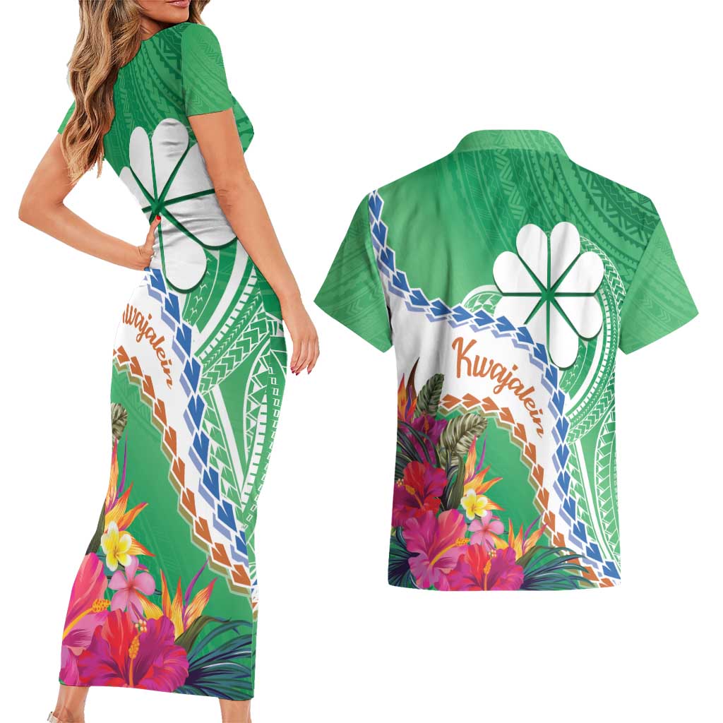 Marshall Islands Kwajalein Atoll Couples Matching Short Sleeve Bodycon Dress and Hawaiian Shirt Curves Polynesian Mix Tropical Flowers LT14 - Polynesian Pride