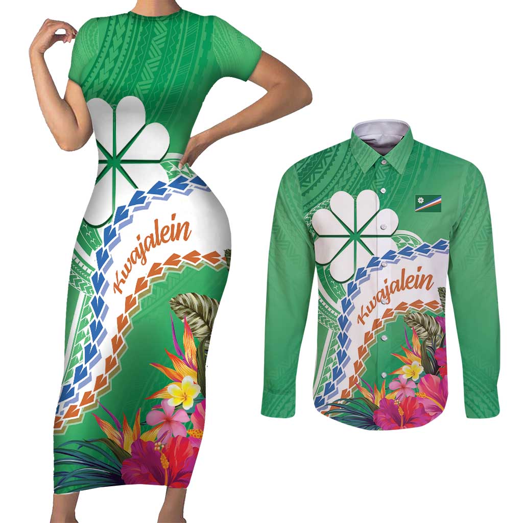 Marshall Islands Kwajalein Atoll Couples Matching Short Sleeve Bodycon Dress and Long Sleeve Button Shirt Curves Polynesian Mix Tropical Flowers LT14 Green - Polynesian Pride
