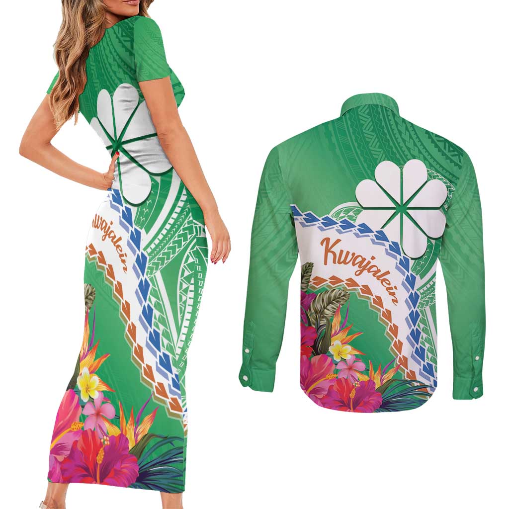 Marshall Islands Kwajalein Atoll Couples Matching Short Sleeve Bodycon Dress and Long Sleeve Button Shirt Curves Polynesian Mix Tropical Flowers LT14 - Polynesian Pride