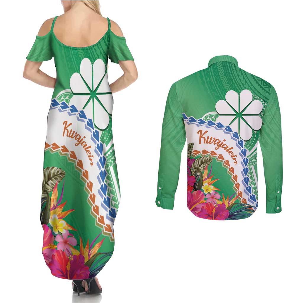 Marshall Islands Kwajalein Atoll Couples Matching Summer Maxi Dress and Long Sleeve Button Shirt Curves Polynesian Mix Tropical Flowers