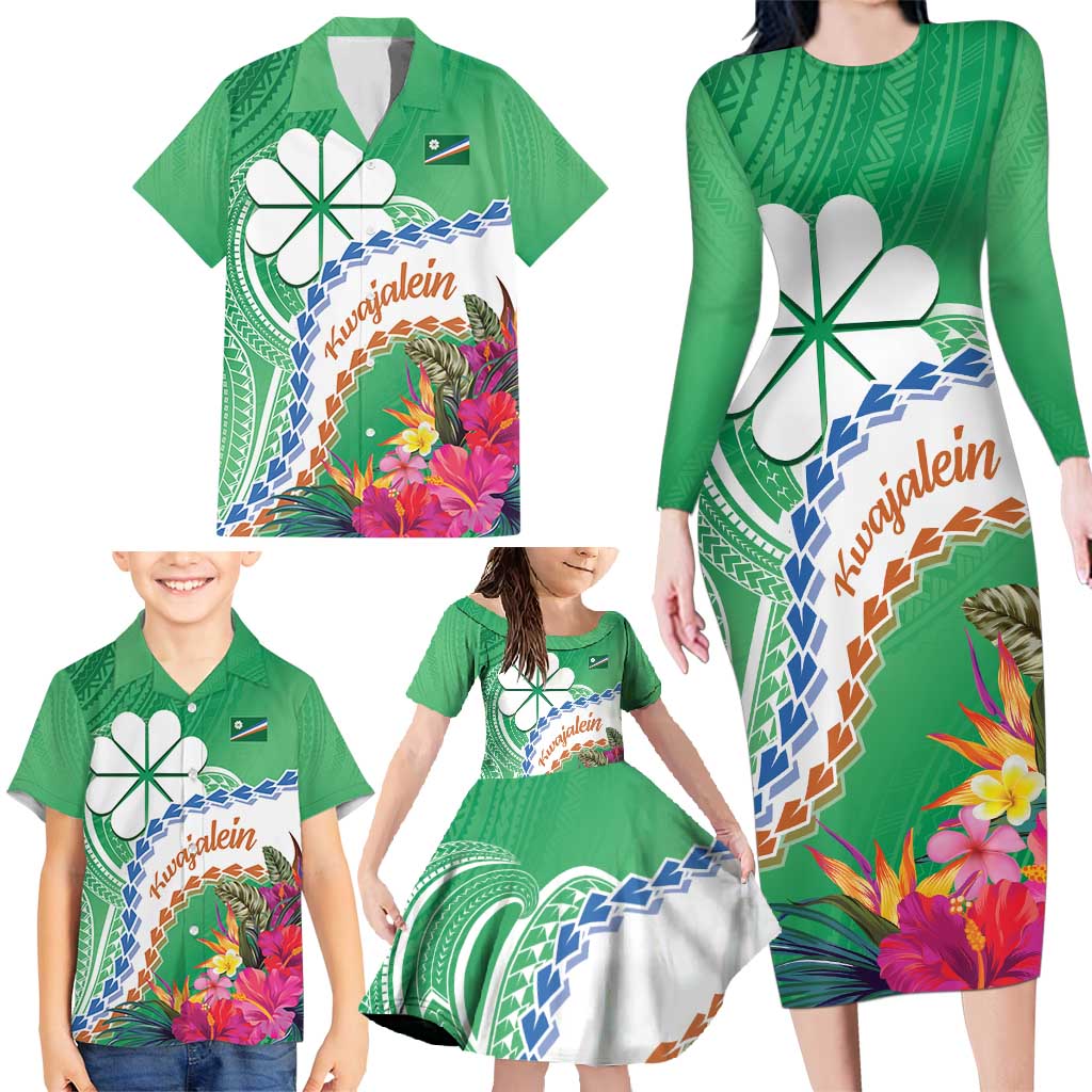 Marshall Islands Kwajalein Atoll Family Matching Long Sleeve Bodycon Dress and Hawaiian Shirt Curves Polynesian Mix Tropical Flowers LT14 - Polynesian Pride