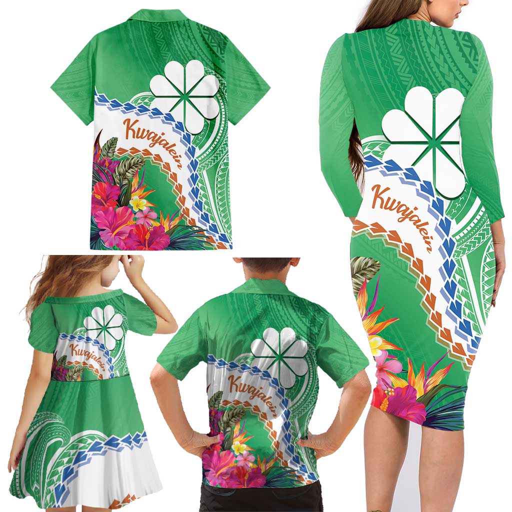 Marshall Islands Kwajalein Atoll Family Matching Long Sleeve Bodycon Dress and Hawaiian Shirt Curves Polynesian Mix Tropical Flowers LT14 - Polynesian Pride