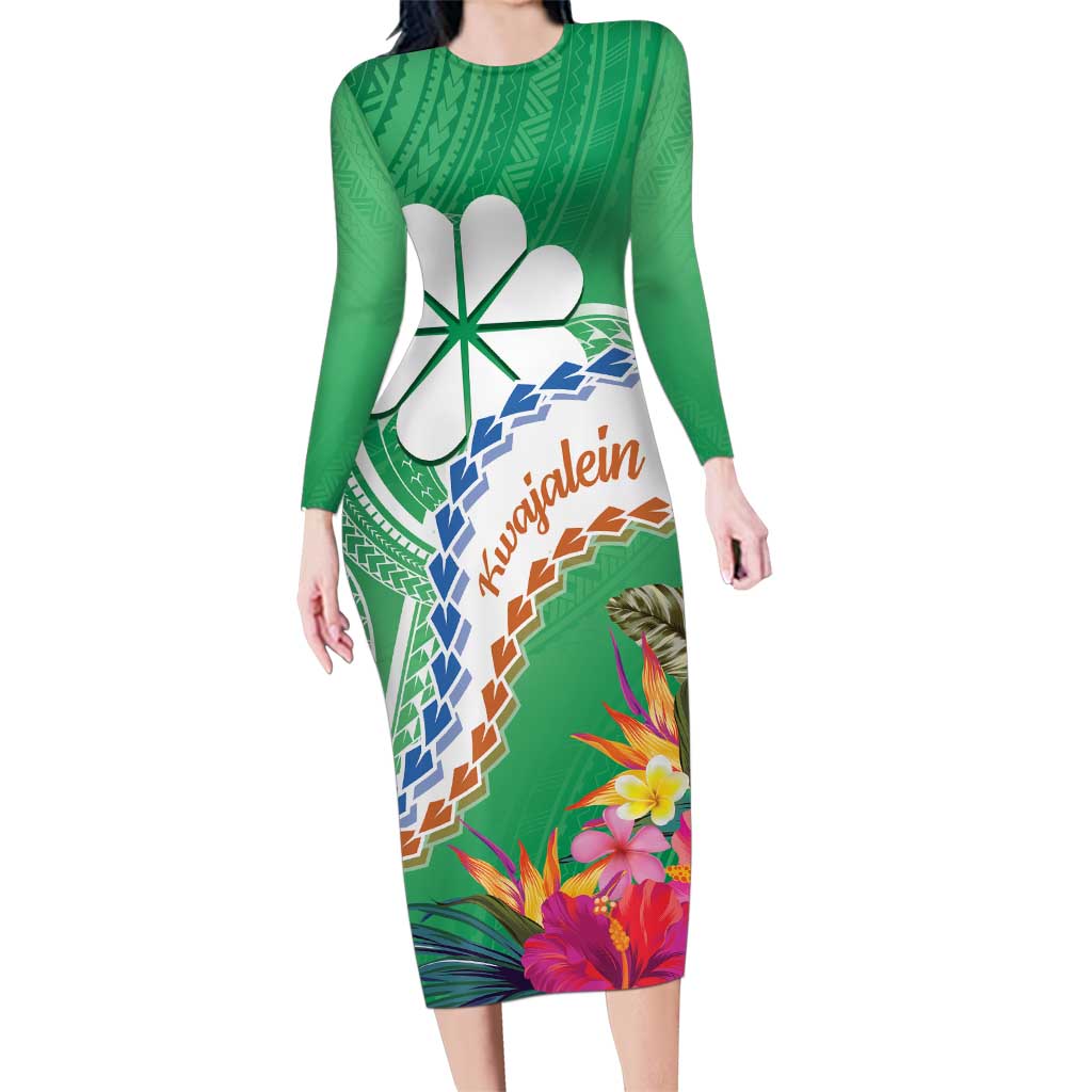 Marshall Islands Kwajalein Atoll Family Matching Long Sleeve Bodycon Dress and Hawaiian Shirt Curves Polynesian Mix Tropical Flowers LT14 Mom's Dress Green - Polynesian Pride
