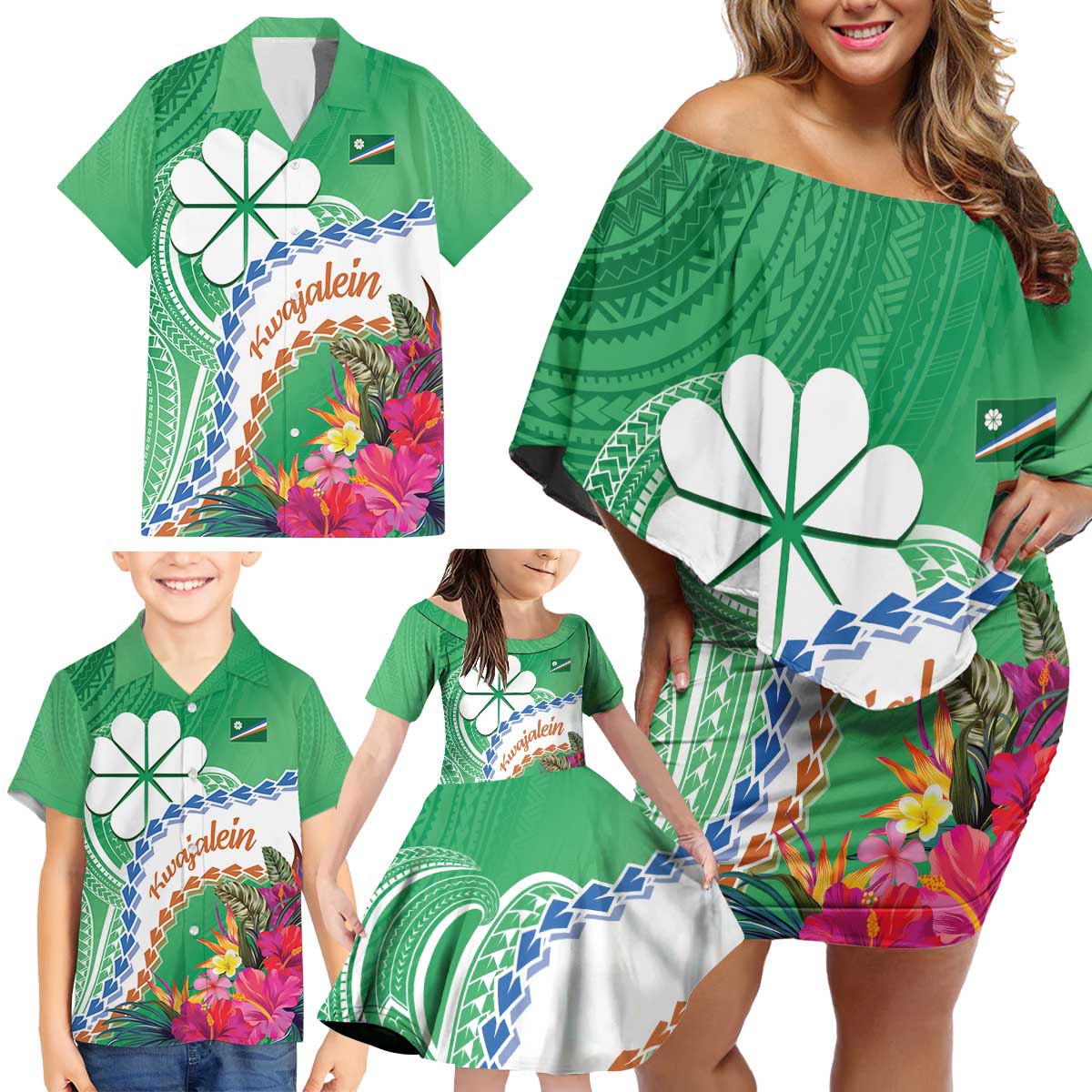 Marshall Islands Kwajalein Atoll Family Matching Off Shoulder Short Dress and Hawaiian Shirt Curves Polynesian Mix Tropical Flowers LT14 - Polynesian Pride