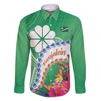 Marshall Islands Kwajalein Atoll Family Matching Off Shoulder Short Dress and Hawaiian Shirt Curves Polynesian Mix Tropical Flowers LT14 Dad's Shirt - Long Sleeve Green - Polynesian Pride
