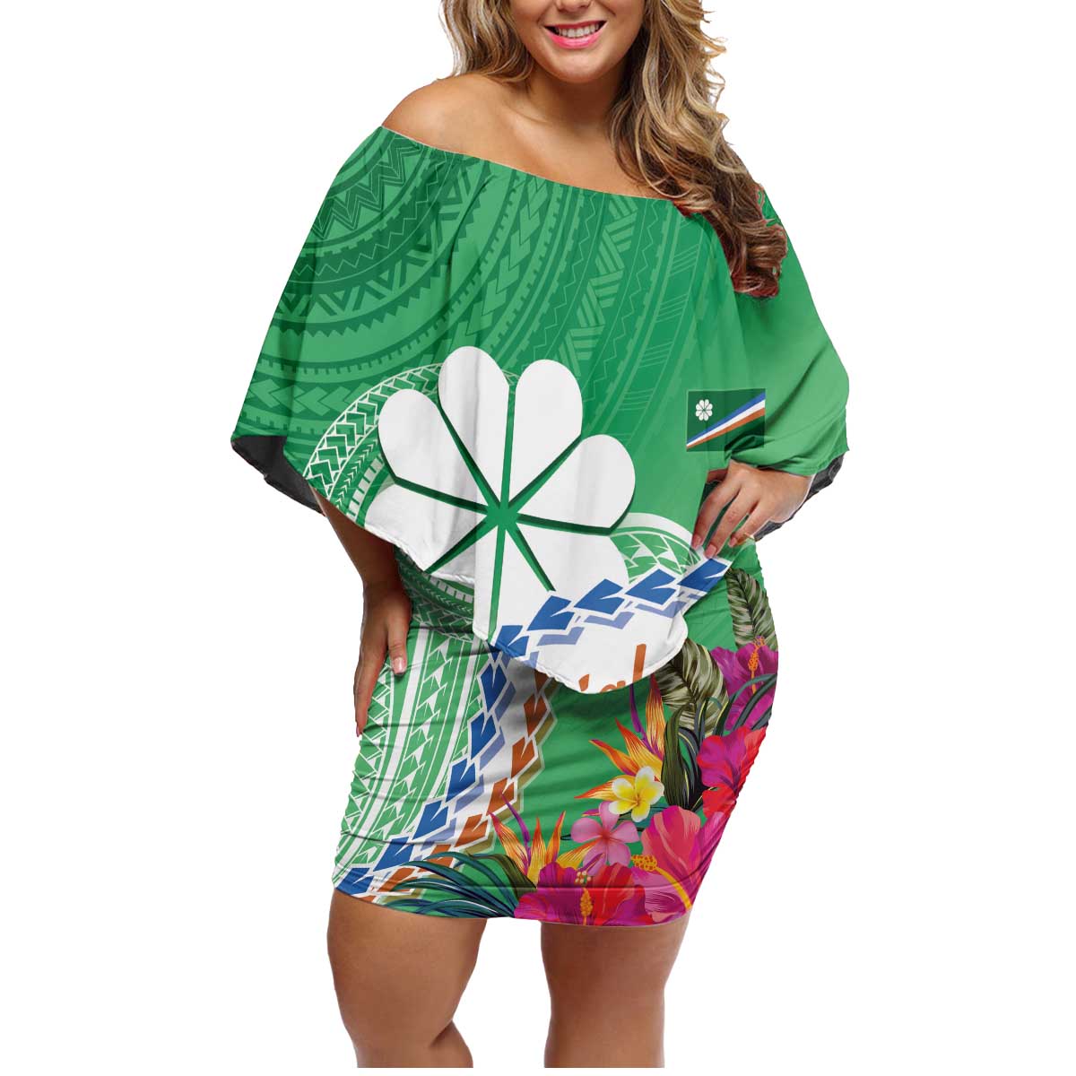Marshall Islands Kwajalein Atoll Family Matching Off Shoulder Short Dress and Hawaiian Shirt Curves Polynesian Mix Tropical Flowers LT14 Mom's Dress Green - Polynesian Pride