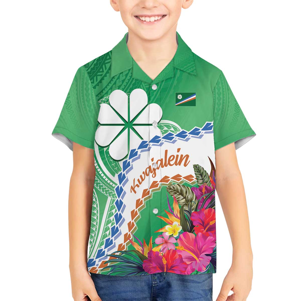 Marshall Islands Kwajalein Atoll Family Matching Off Shoulder Short Dress and Hawaiian Shirt Curves Polynesian Mix Tropical Flowers LT14 Son's Shirt Green - Polynesian Pride