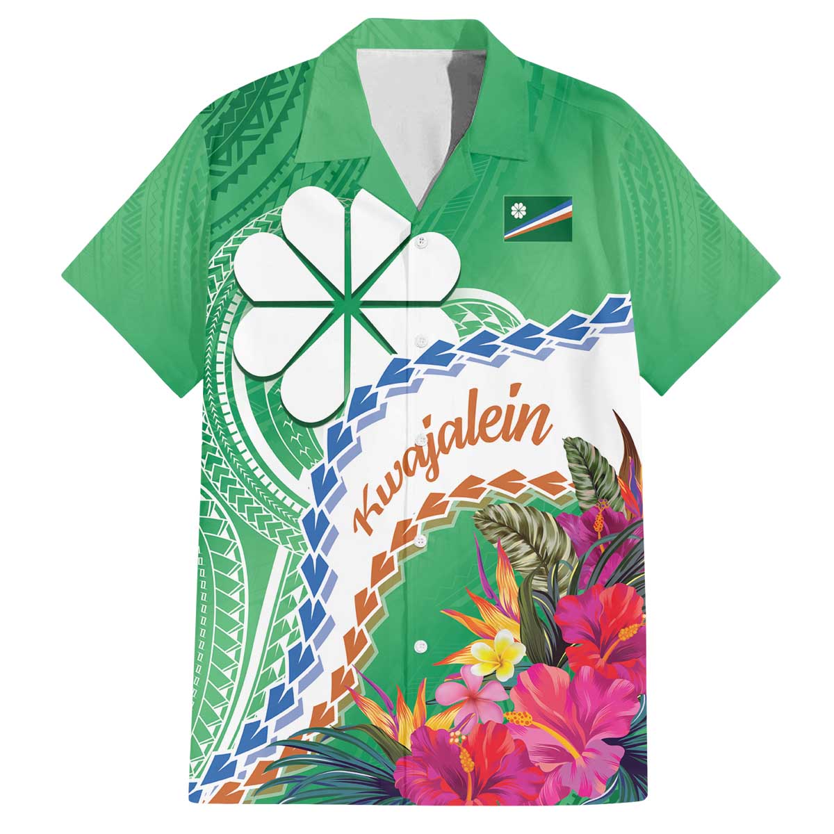 Marshall Islands Kwajalein Atoll Family Matching Puletasi and Hawaiian Shirt Curves Polynesian Mix Tropical Flowers LT14 Dad's Shirt - Short Sleeve Green - Polynesian Pride