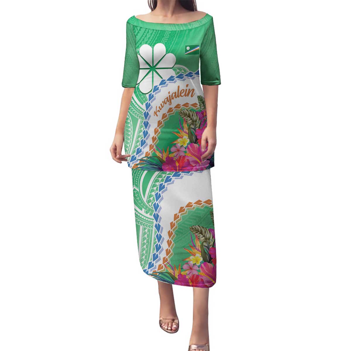 Marshall Islands Kwajalein Atoll Family Matching Puletasi and Hawaiian Shirt Curves Polynesian Mix Tropical Flowers LT14 Mom's Dress Green - Polynesian Pride