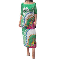 Marshall Islands Kwajalein Atoll Family Matching Puletasi and Hawaiian Shirt Curves Polynesian Mix Tropical Flowers LT14 Mom's Dress Green - Polynesian Pride