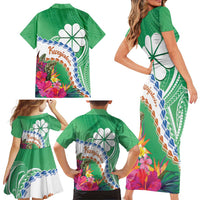 Marshall Islands Kwajalein Atoll Family Matching Short Sleeve Bodycon Dress and Hawaiian Shirt Curves Polynesian Mix Tropical Flowers LT14 - Polynesian Pride