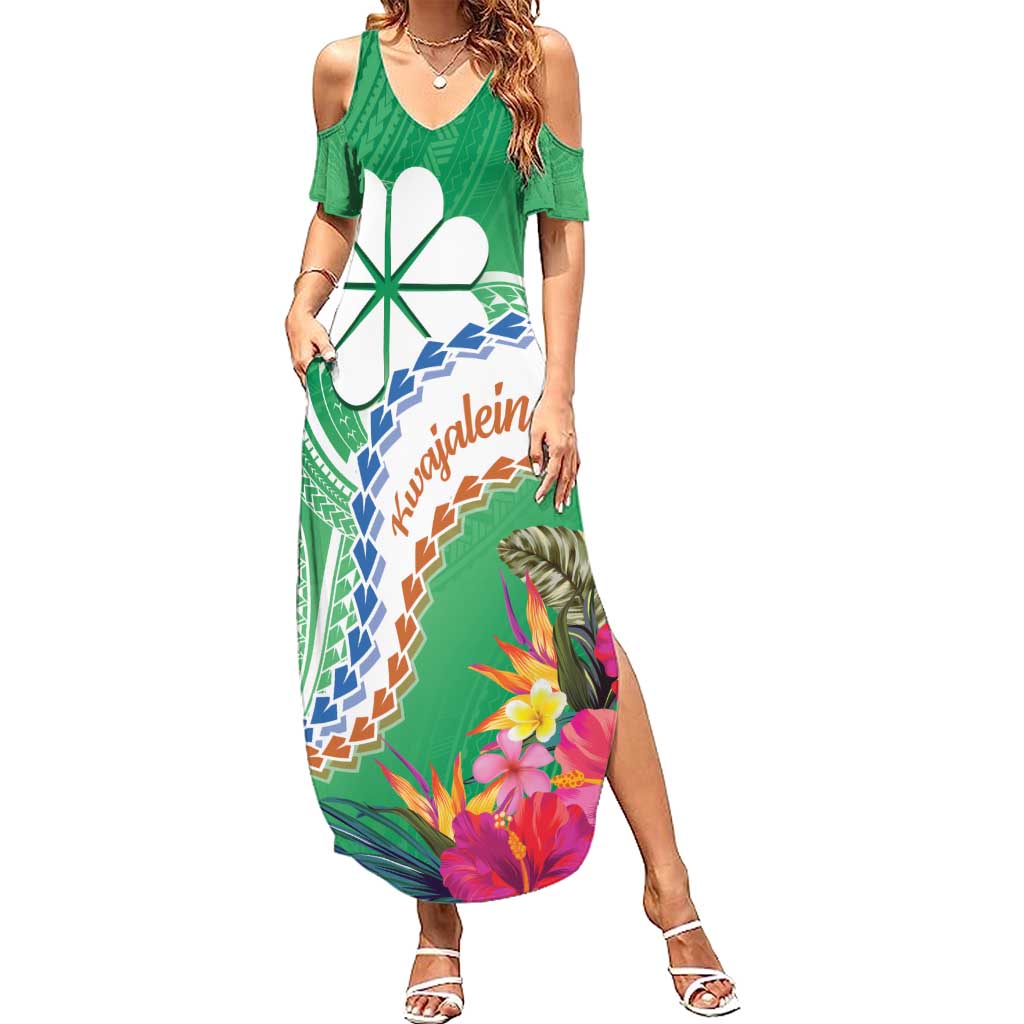 Marshall Islands Kwajalein Atoll Family Matching Summer Maxi Dress and Hawaiian Shirt Curves Polynesian Mix Tropical Flowers LT14 Mom's Dress Green - Polynesian Pride