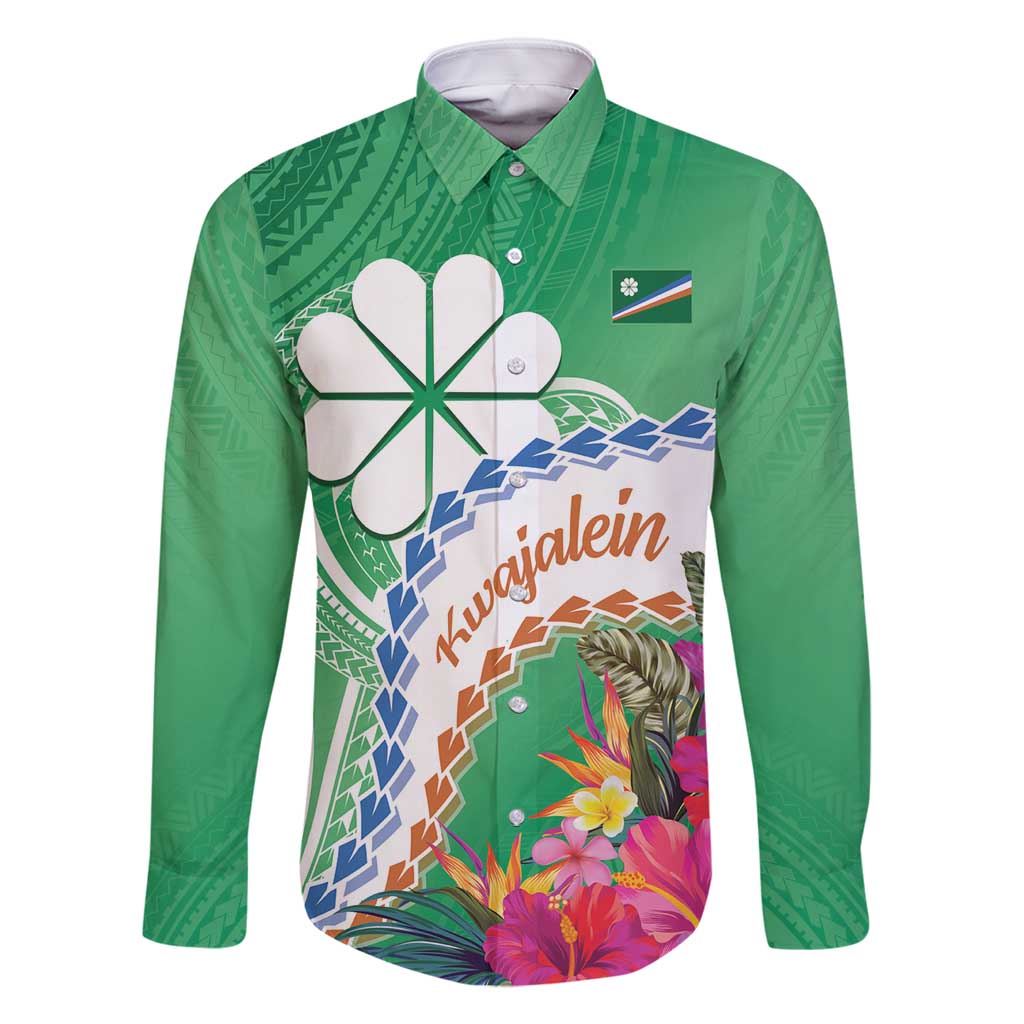 Marshall Islands Kwajalein Atoll Family Matching Tank Maxi Dress and Hawaiian Shirt Curves Polynesian Mix Tropical Flowers LT14 Dad's Shirt - Long Sleeve Green - Polynesian Pride