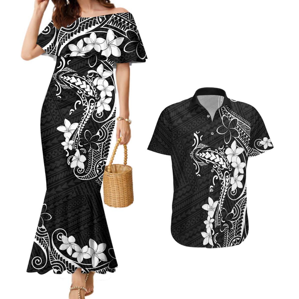 Black Hawaii Couples Matching Mermaid Dress and Hawaiian Shirt Hammerhead Shark Tattoo Curve Polynesian - Polynesian Pride