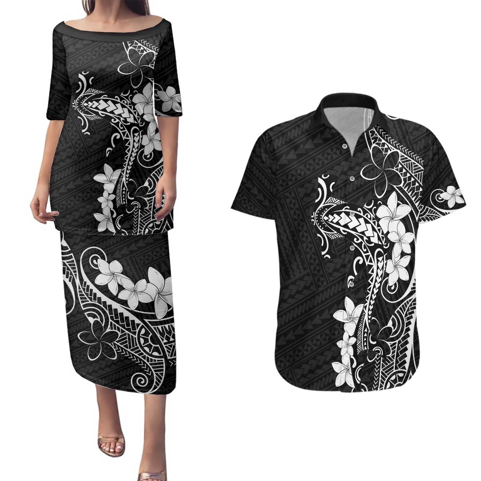 Black Hawaii Couples Matching Puletasi and Hawaiian Shirt Hammerhead Shark Tattoo Curve Polynesian - Polynesian Pride