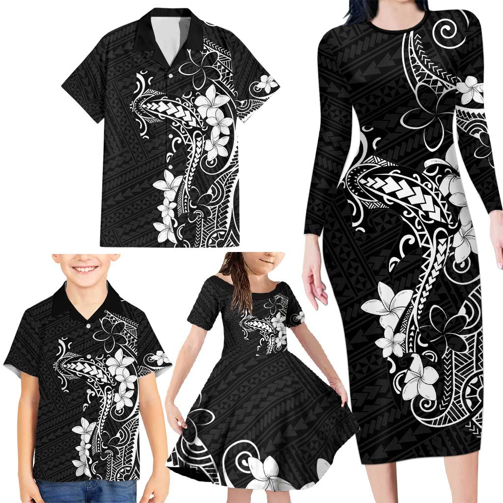 Black Hawaii Family Matching Long Sleeve Bodycon Dress and Hawaiian Shirt Hammerhead Shark Tattoo Curve Polynesian LT14 - Polynesian Pride