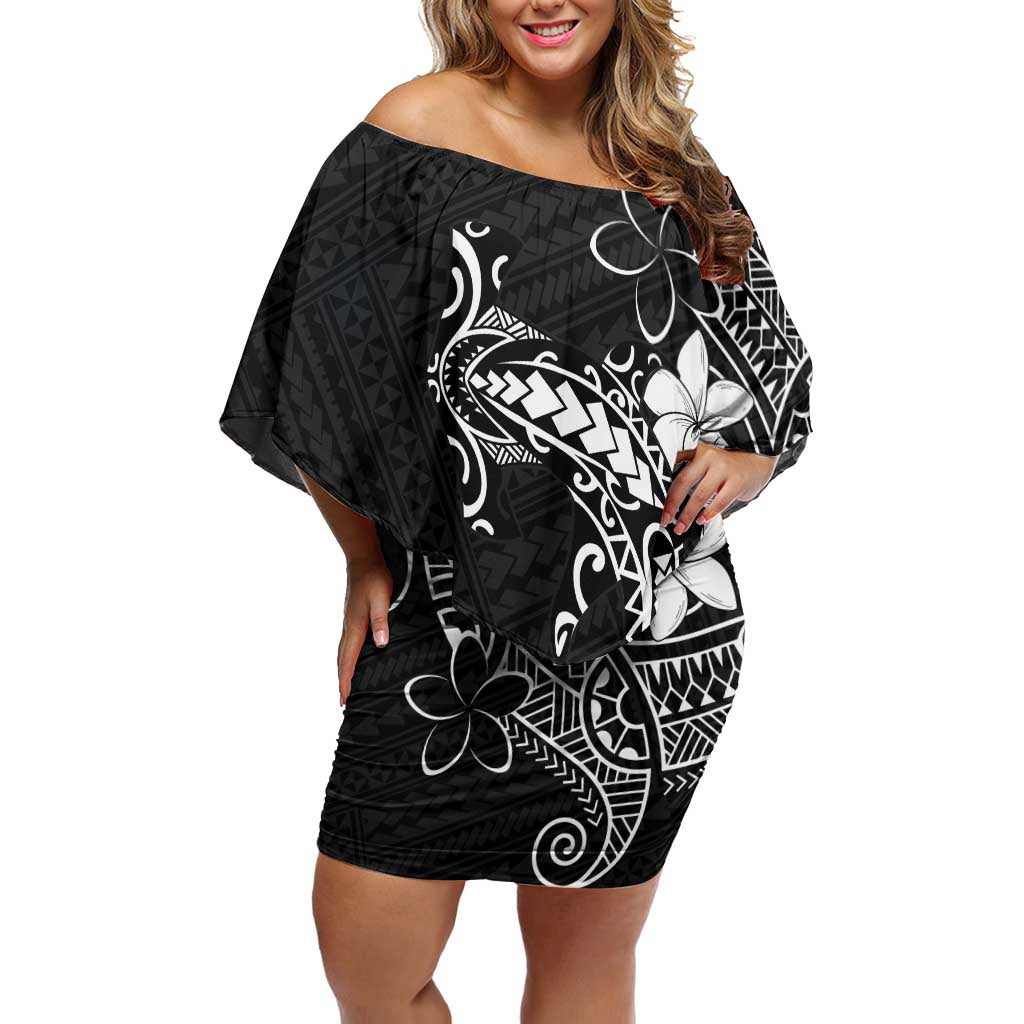 Black Hawaii Family Matching Off Shoulder Short Dress and Hawaiian Shirt Hammerhead Shark Tattoo Curve Polynesian LT14 Mom's Dress Black - Polynesian Pride