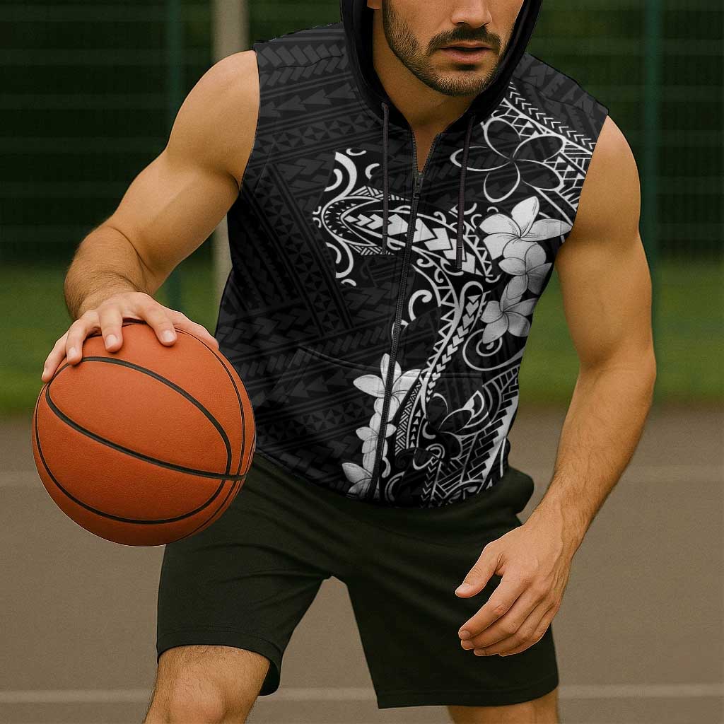 Black Hawaii Sleeveless Zip Hoodie Hammerhead Shark Tattoo Curve Polynesian - Polynesian Pride