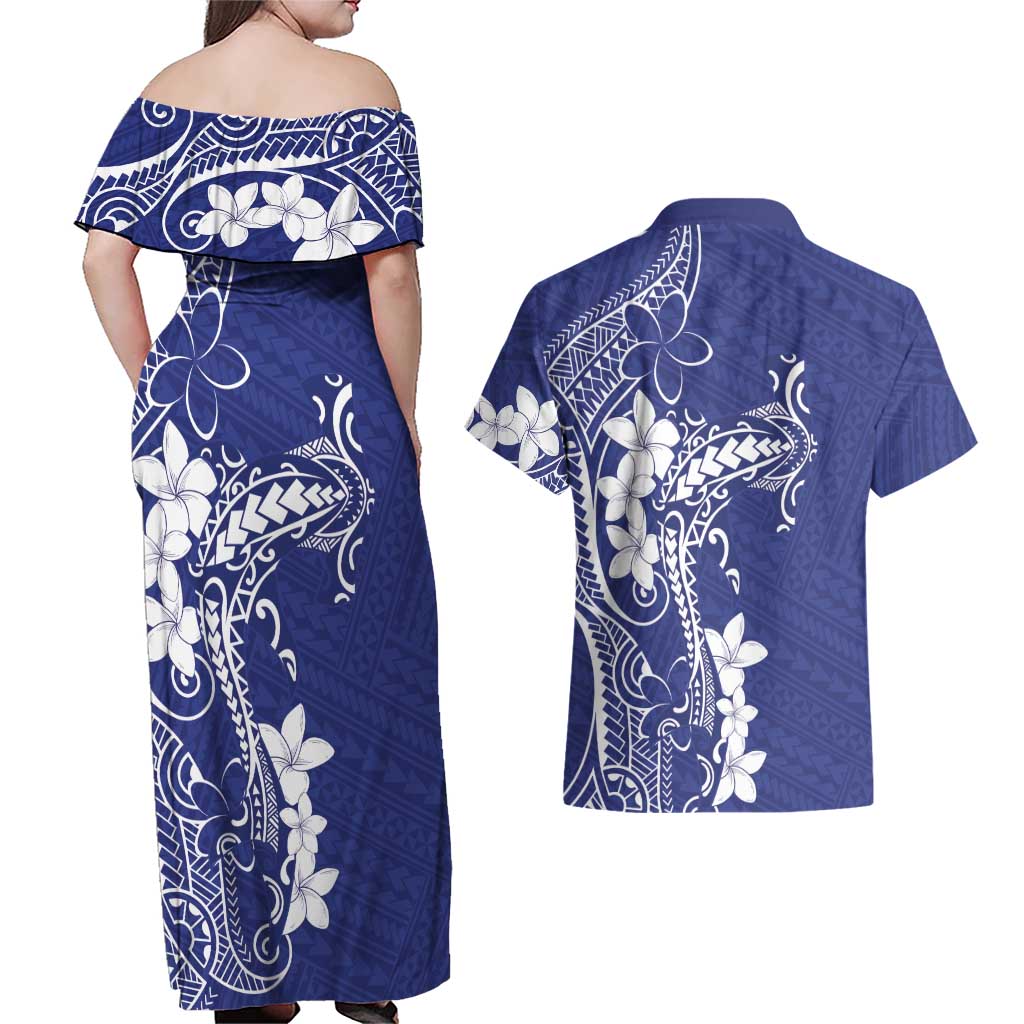Blue Hawaii Couples Matching Off Shoulder Maxi Dress and Hawaiian Shirt Hammerhead Shark Tattoo Curve Polynesian - Polynesian Pride