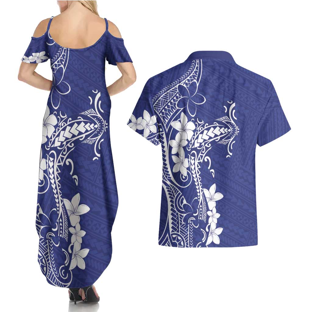 Blue Hawaii Couples Matching Summer Maxi Dress and Hawaiian Shirt Hammerhead Shark Tattoo Curve Polynesian - Polynesian Pride