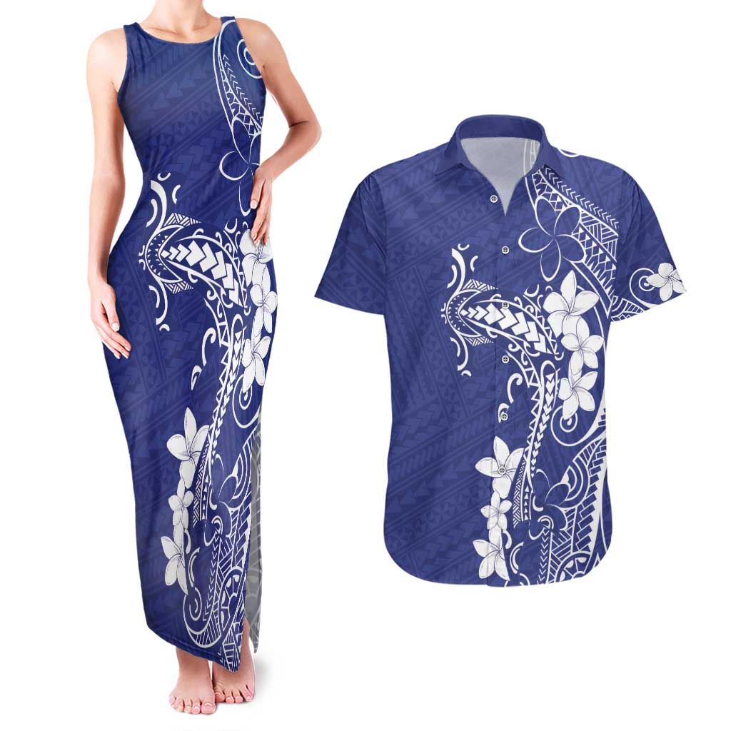 Blue Hawaii Couples Matching Tank Maxi Dress and Hawaiian Shirt Hammerhead Shark Tattoo Curve Polynesian - Polynesian Pride