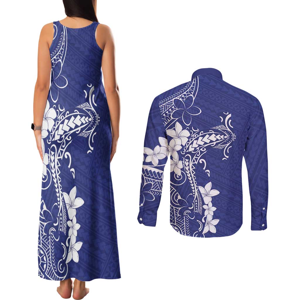 Blue Hawaii Couples Matching Tank Maxi Dress and Long Sleeve Button Shirt Hammerhead Shark Tattoo Curve Polynesian - Polynesian Pride