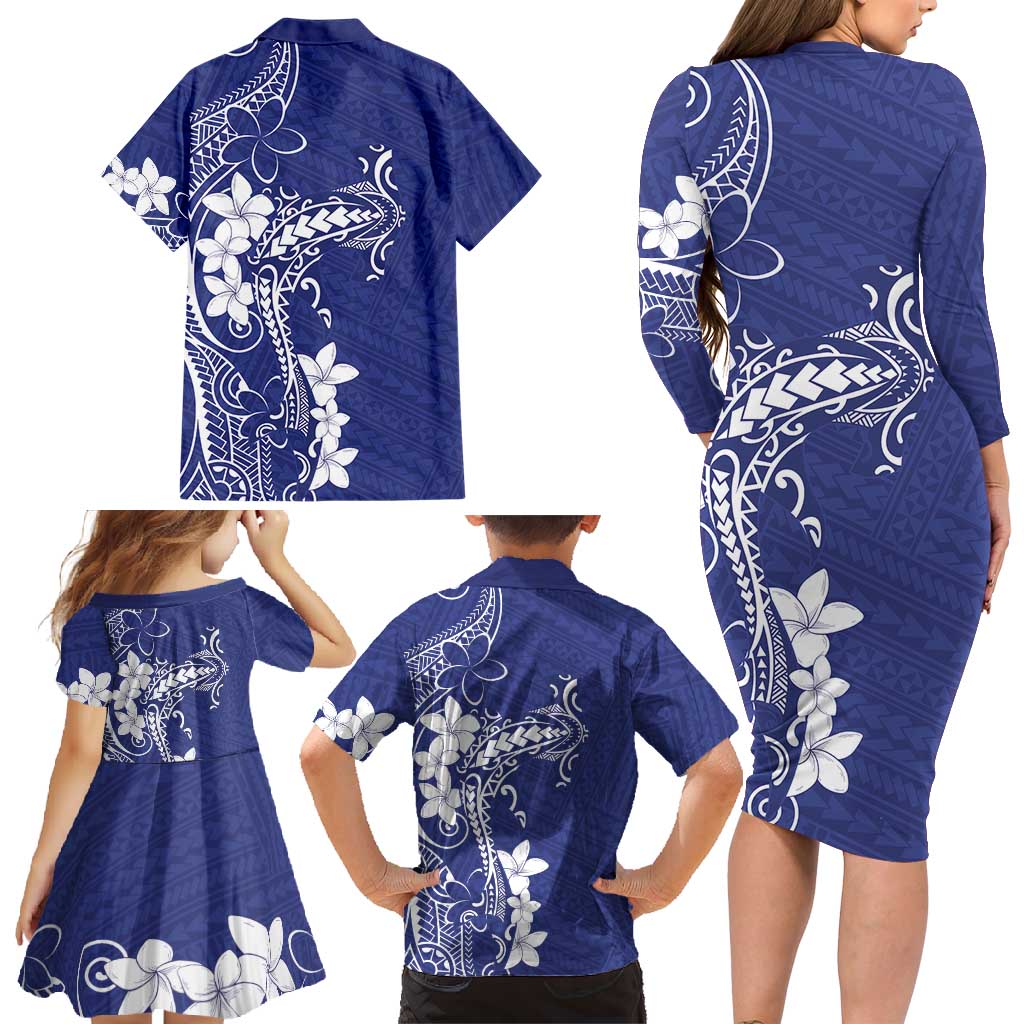 Blue Hawaii Family Matching Long Sleeve Bodycon Dress and Hawaiian Shirt Hammerhead Shark Tattoo Curve Polynesian LT14 - Polynesian Pride