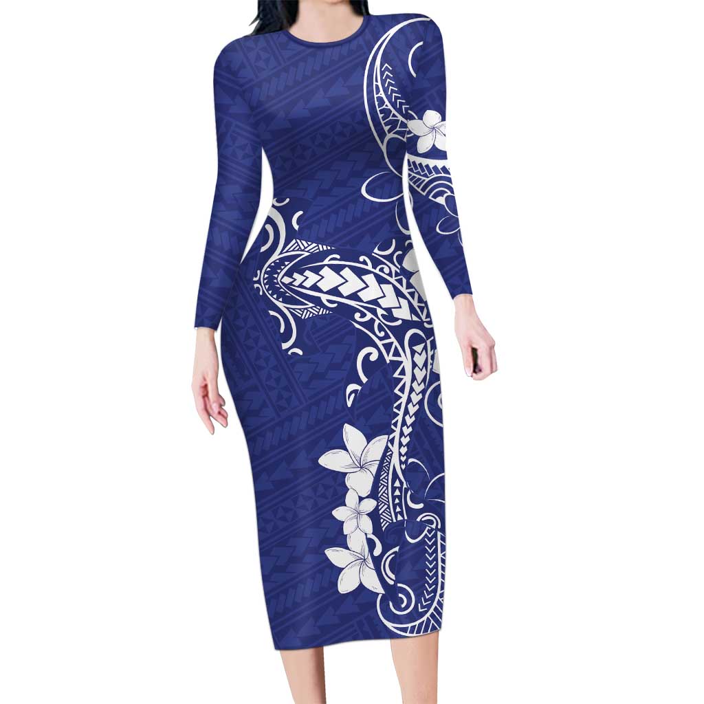 Blue Hawaii Family Matching Long Sleeve Bodycon Dress and Hawaiian Shirt Hammerhead Shark Tattoo Curve Polynesian LT14 Mom's Dress Blue - Polynesian Pride