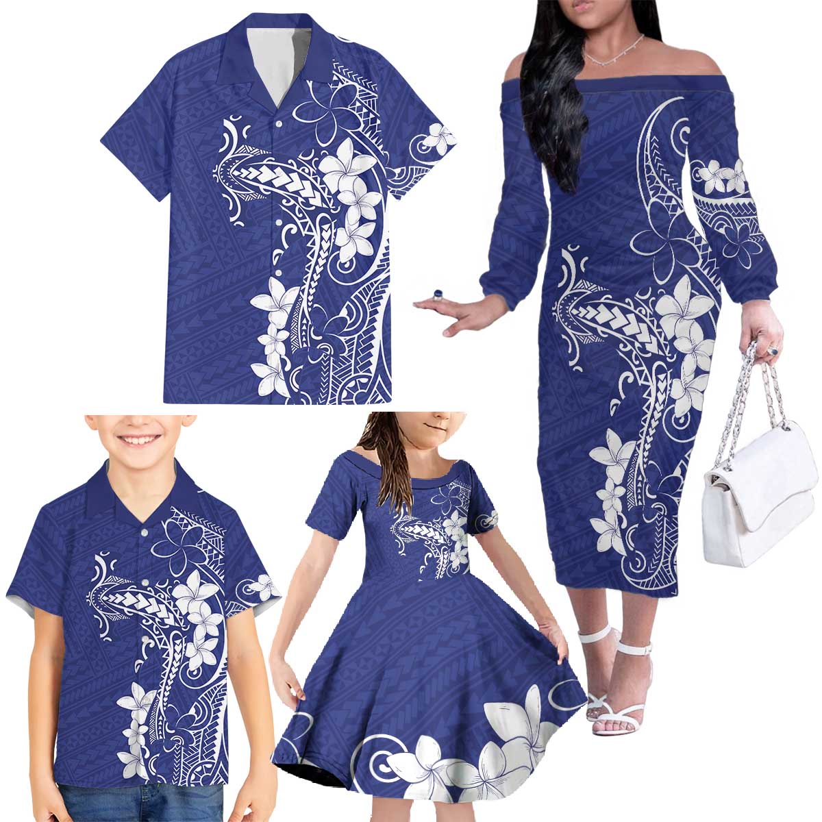 Blue Hawaii Family Matching Off The Shoulder Long Sleeve Dress and Hawaiian Shirt Hammerhead Shark Tattoo Curve Polynesian LT14 - Polynesian Pride