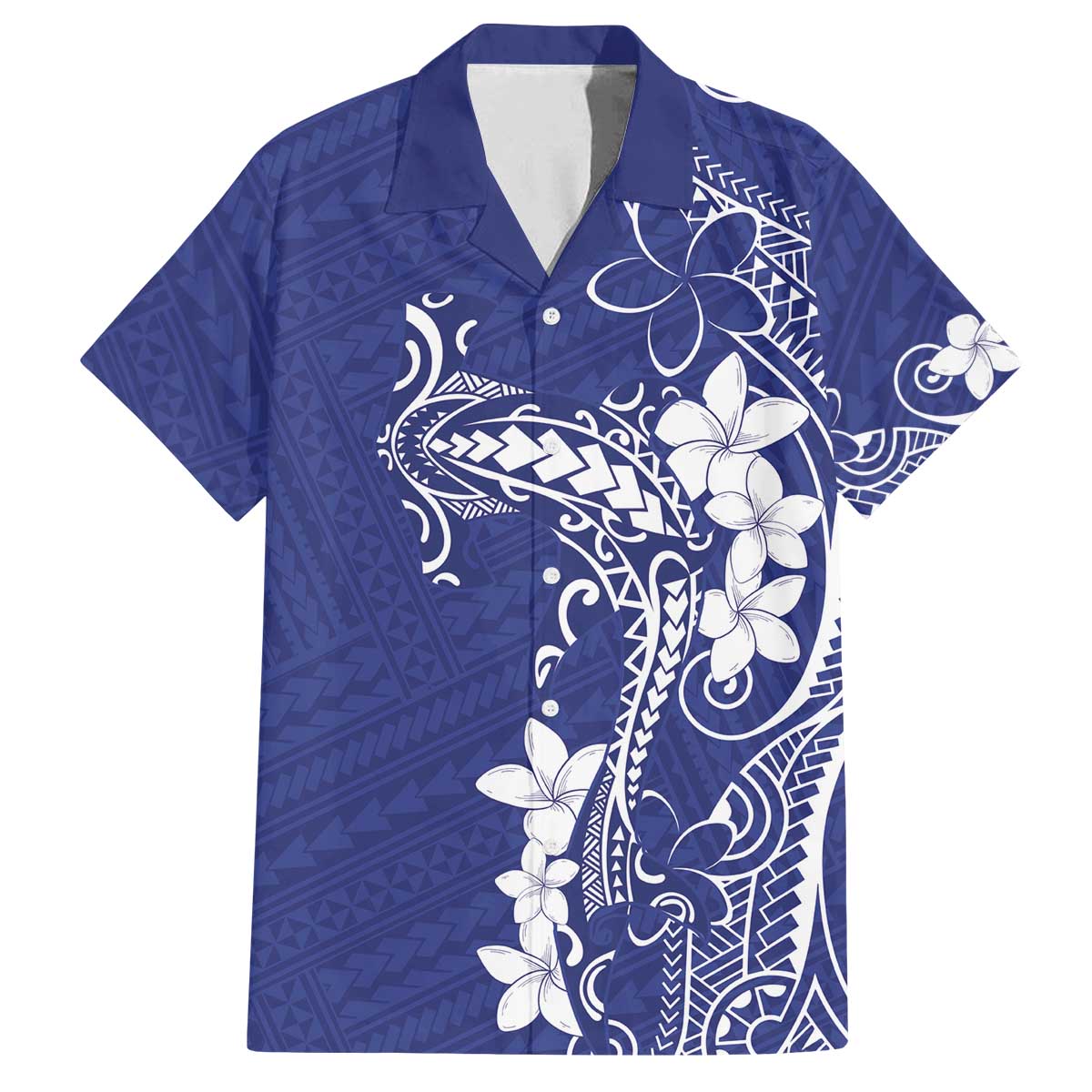 Blue Hawaii Family Matching Off The Shoulder Long Sleeve Dress and Hawaiian Shirt Hammerhead Shark Tattoo Curve Polynesian LT14 Dad's Shirt - Short Sleeve Blue - Polynesian Pride