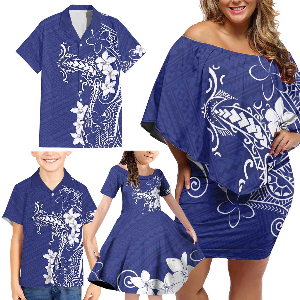 Blue Hawaii Family Matching Off Shoulder Short Dress and Hawaiian Shirt Hammerhead Shark Tattoo Curve Polynesian LT14 - Polynesian Pride