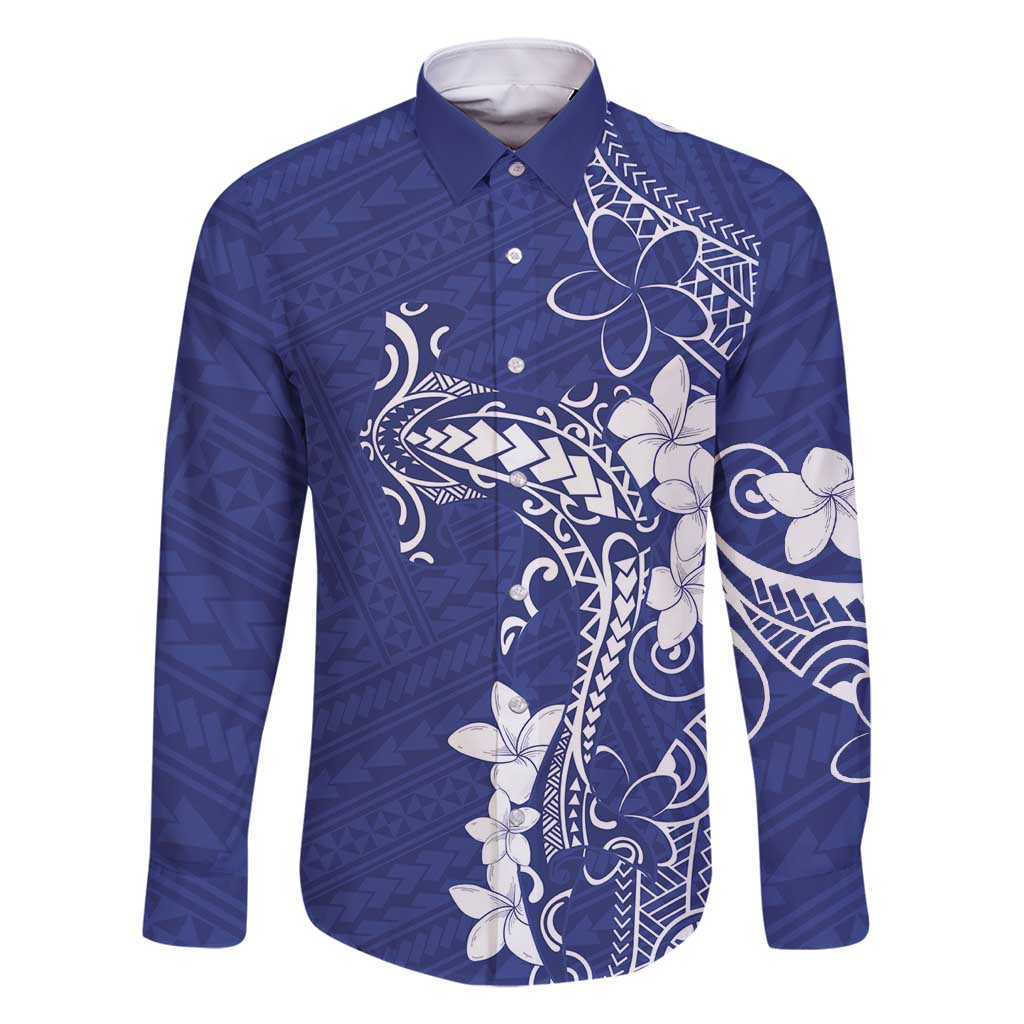 Blue Hawaii Family Matching Off Shoulder Short Dress and Hawaiian Shirt Hammerhead Shark Tattoo Curve Polynesian LT14 Dad's Shirt - Long Sleeve Blue - Polynesian Pride