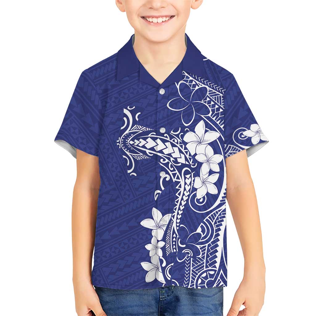 Blue Hawaii Kid Hawaiian Shirt Hammerhead Shark Tattoo Curve Polynesian - Polynesian Pride