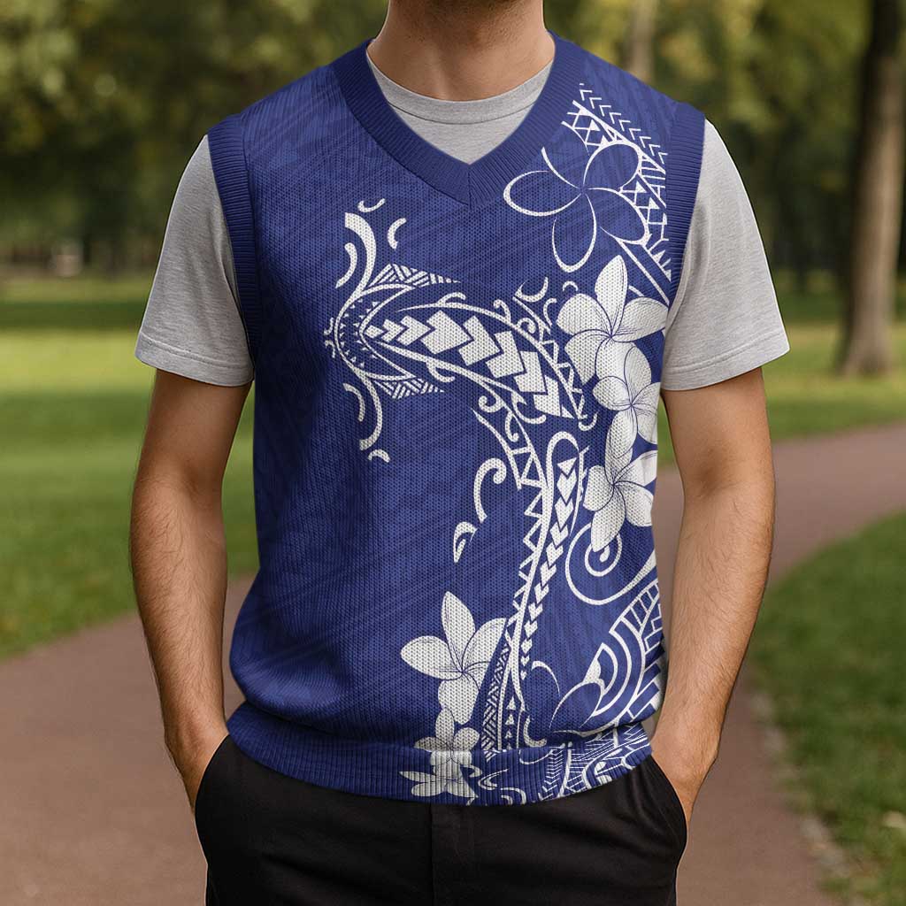 Blue Hawaii Christmas Knitted V-Neck Vest Hammerhead Shark Tattoo Curve Polynesian - Polynesian Pride