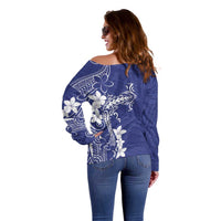 Blue Hawaii Off Shoulder Sweater Hammerhead Shark Tattoo Curve Polynesian - Polynesian Pride
