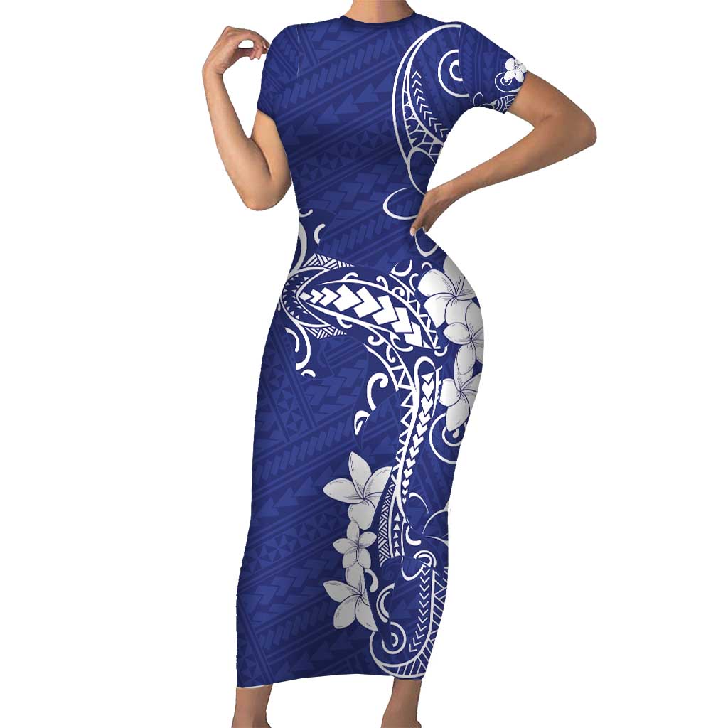 Blue Hawaii Short Sleeve Bodycon Dress Hammerhead Shark Tattoo Curve Polynesian LT14 Long Dress Blue - Polynesian Pride
