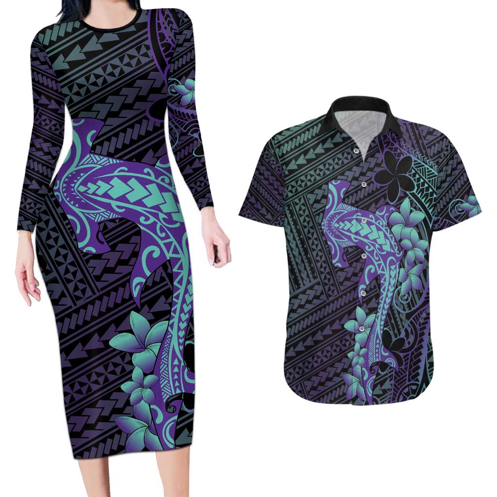 Purple Paradise Hawaii Couples Matching Long Sleeve Bodycon Dress and Hawaiian Shirt Hammerhead Shark Tattoo Curve Polynesian LT14 Purple - Polynesian Pride