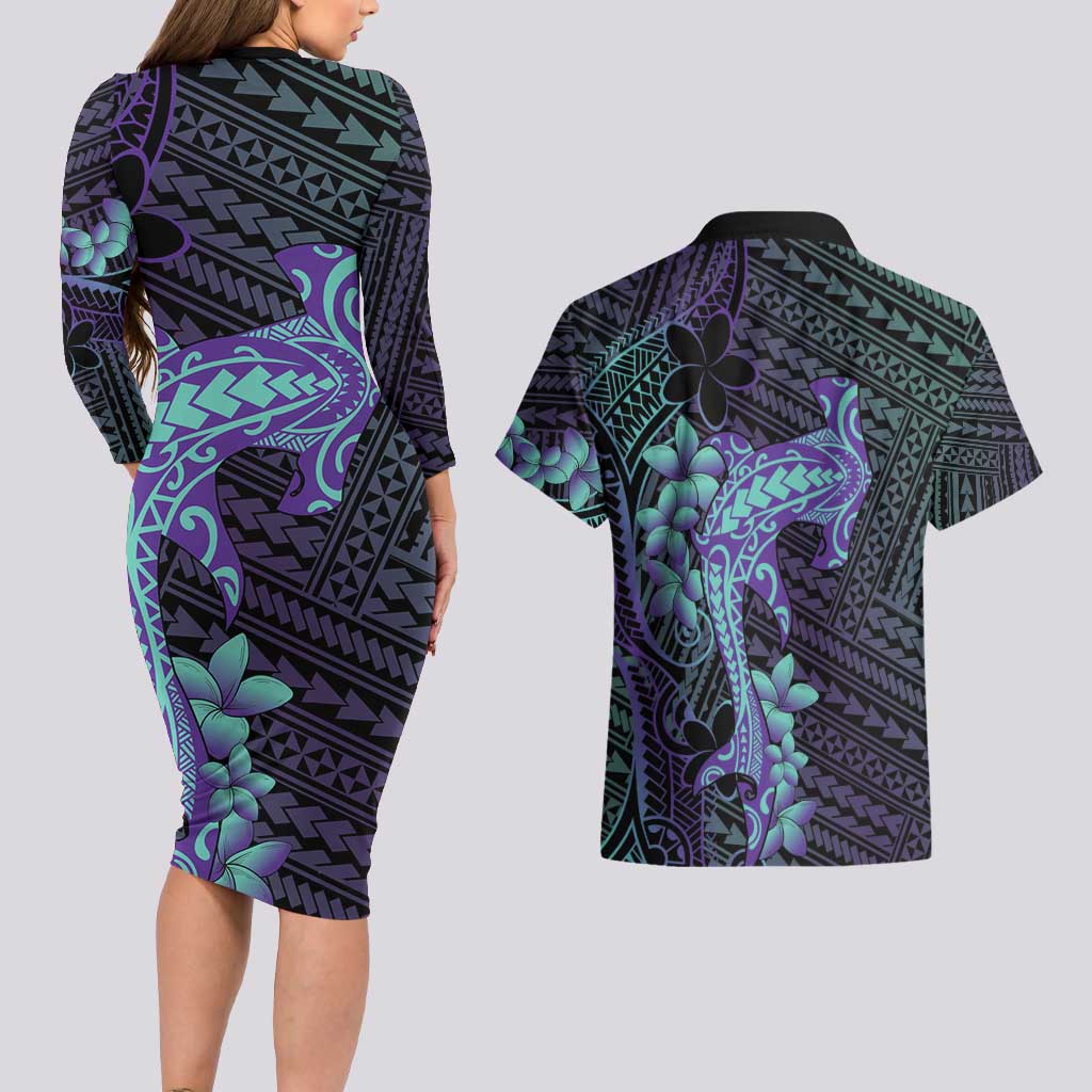 Purple Paradise Hawaii Couples Matching Long Sleeve Bodycon Dress and Hawaiian Shirt Hammerhead Shark Tattoo Curve Polynesian LT14 - Polynesian Pride