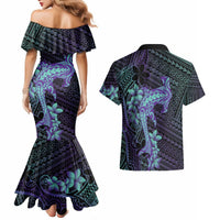 Purple Paradise Hawaii Couples Matching Mermaid Dress and Hawaiian Shirt Hammerhead Shark Tattoo Curve Polynesian LT14 - Polynesian Pride