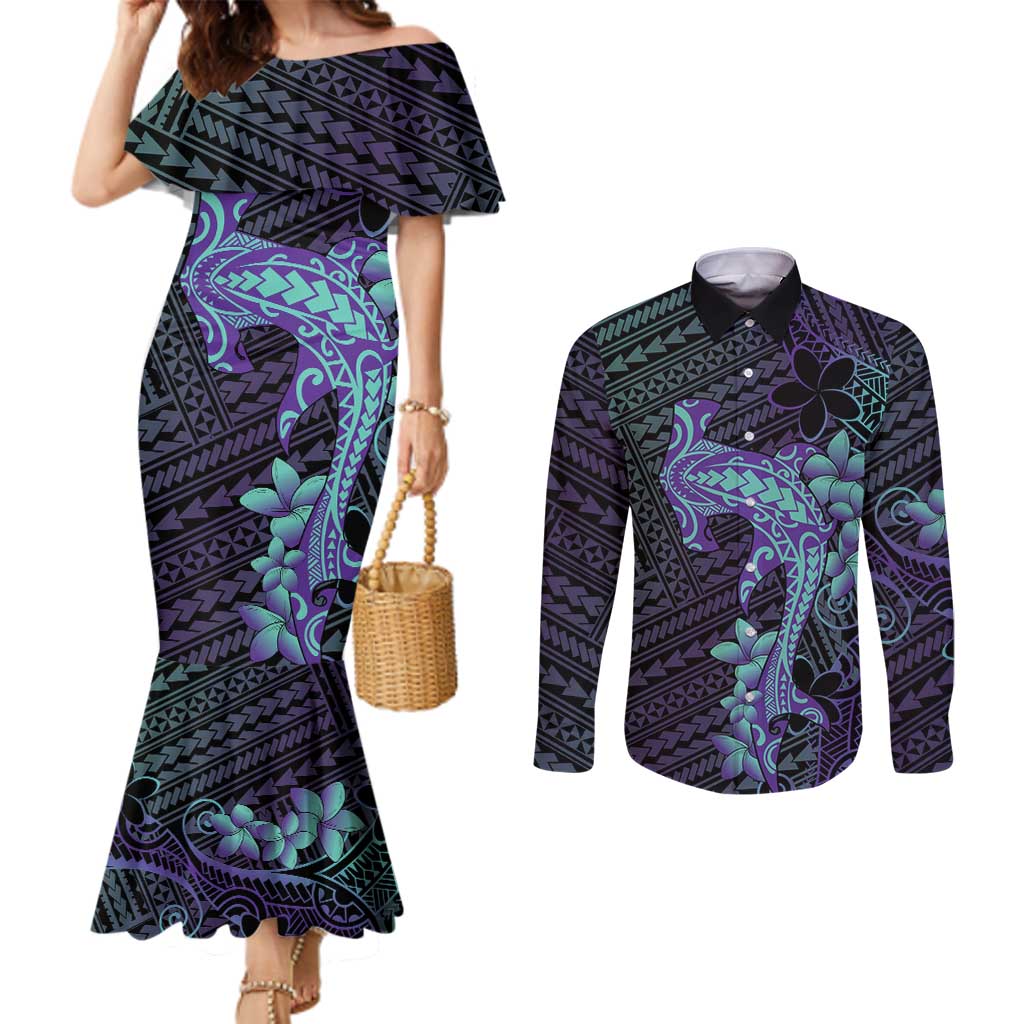 Purple Paradise Hawaii Couples Matching Mermaid Dress and Long Sleeve Button Shirt Hammerhead Shark Tattoo Curve Polynesian - Polynesian Pride
