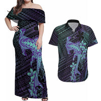 Purple Paradise Hawaii Couples Matching Off Shoulder Maxi Dress and Hawaiian Shirt Hammerhead Shark Tattoo Curve Polynesian - Polynesian Pride