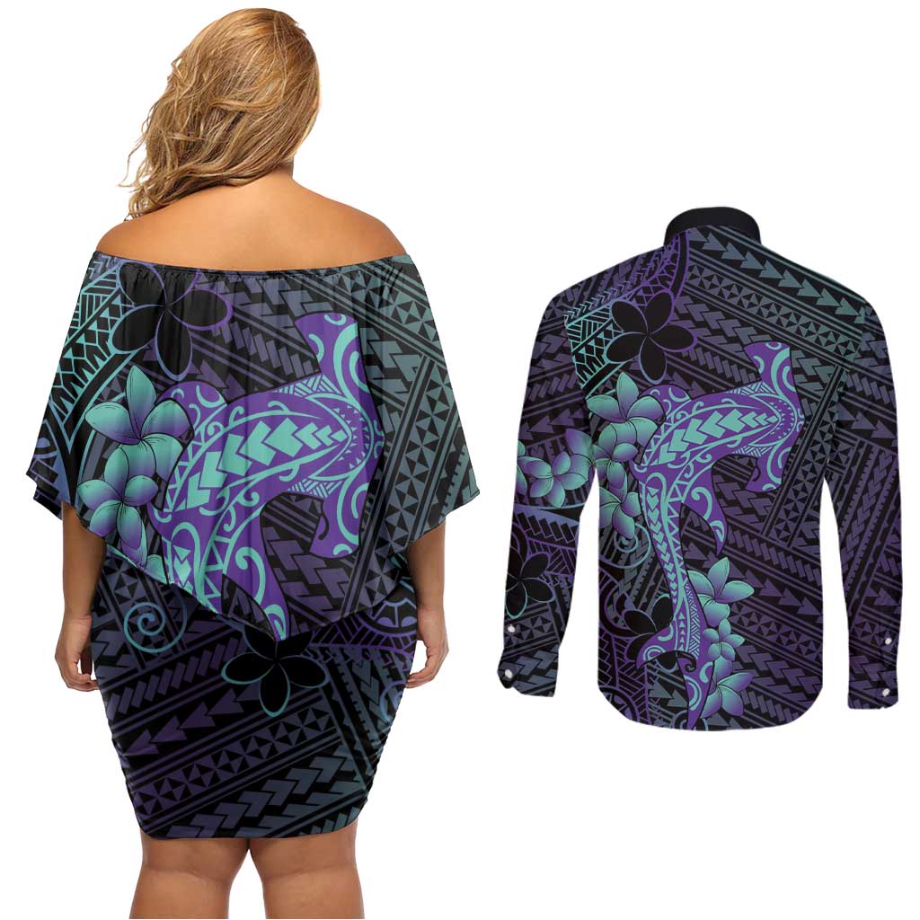 Purple Paradise Hawaii Couples Matching Off Shoulder Short Dress and Long Sleeve Button Shirt Hammerhead Shark Tattoo Curve Polynesian - Polynesian Pride
