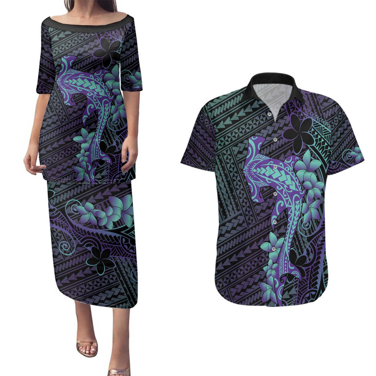Purple Paradise Hawaii Couples Matching Puletasi and Hawaiian Shirt Hammerhead Shark Tattoo Curve Polynesian - Polynesian Pride