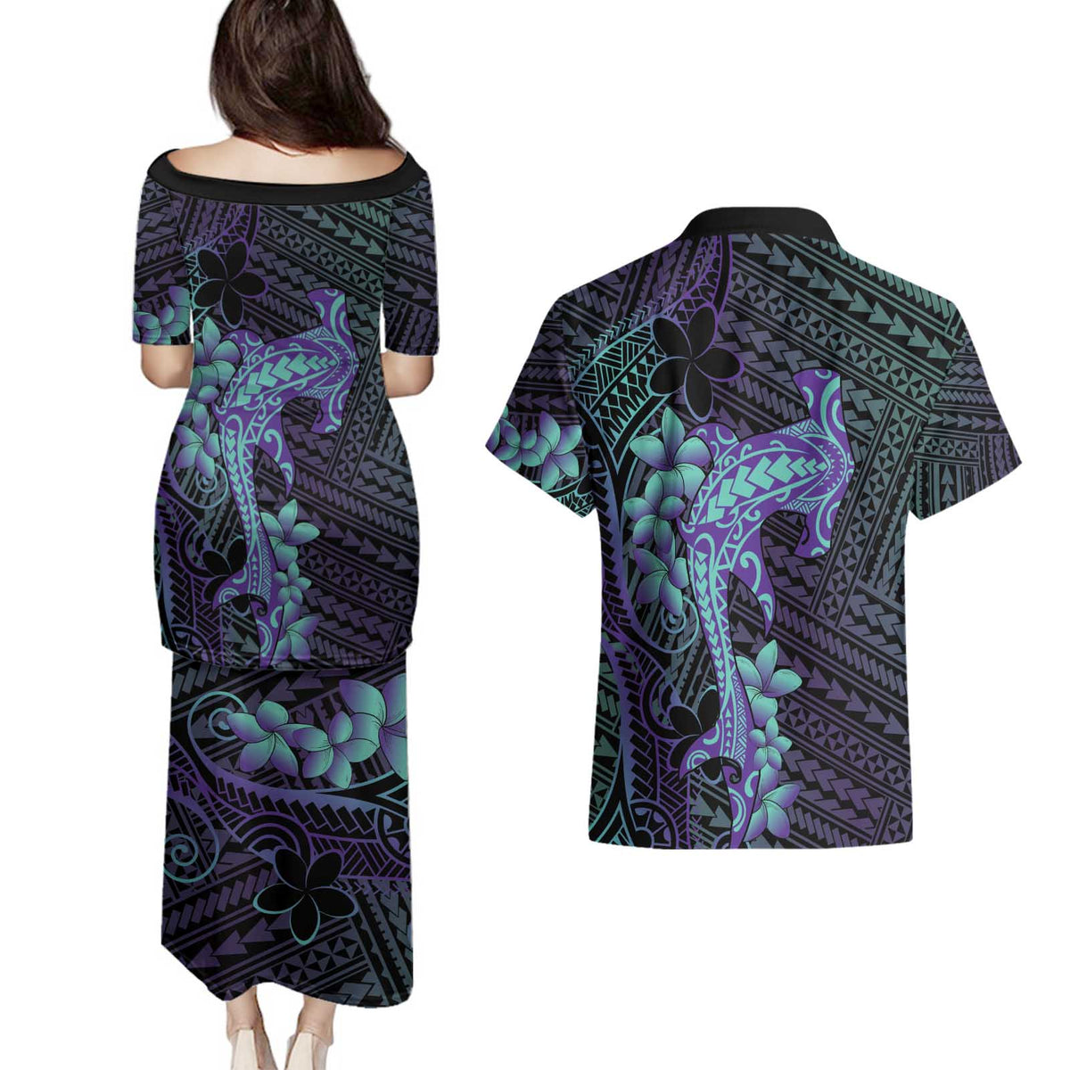 Purple Paradise Hawaii Couples Matching Puletasi and Hawaiian Shirt Hammerhead Shark Tattoo Curve Polynesian - Polynesian Pride