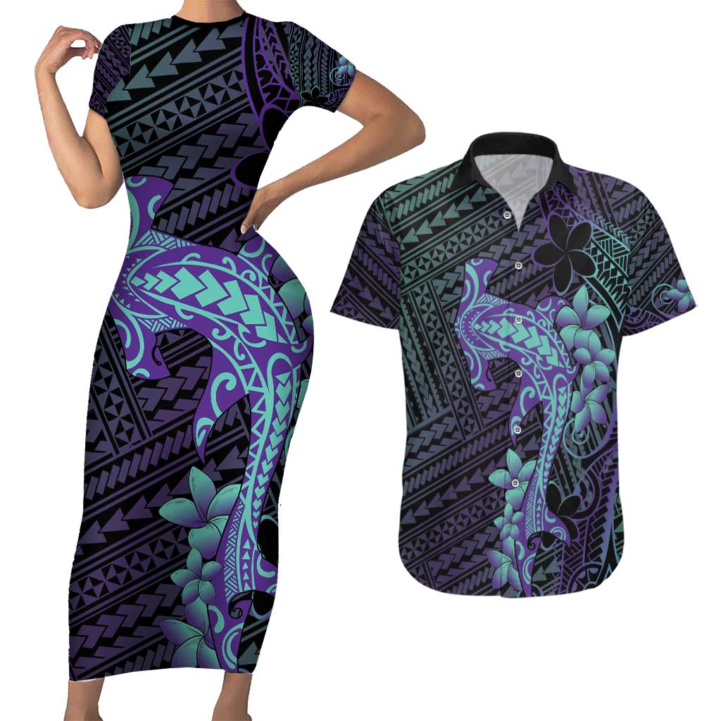 Purple Paradise Hawaii Couples Matching Short Sleeve Bodycon Dress and Hawaiian Shirt Hammerhead Shark Tattoo Curve Polynesian LT14 Purple - Polynesian Pride