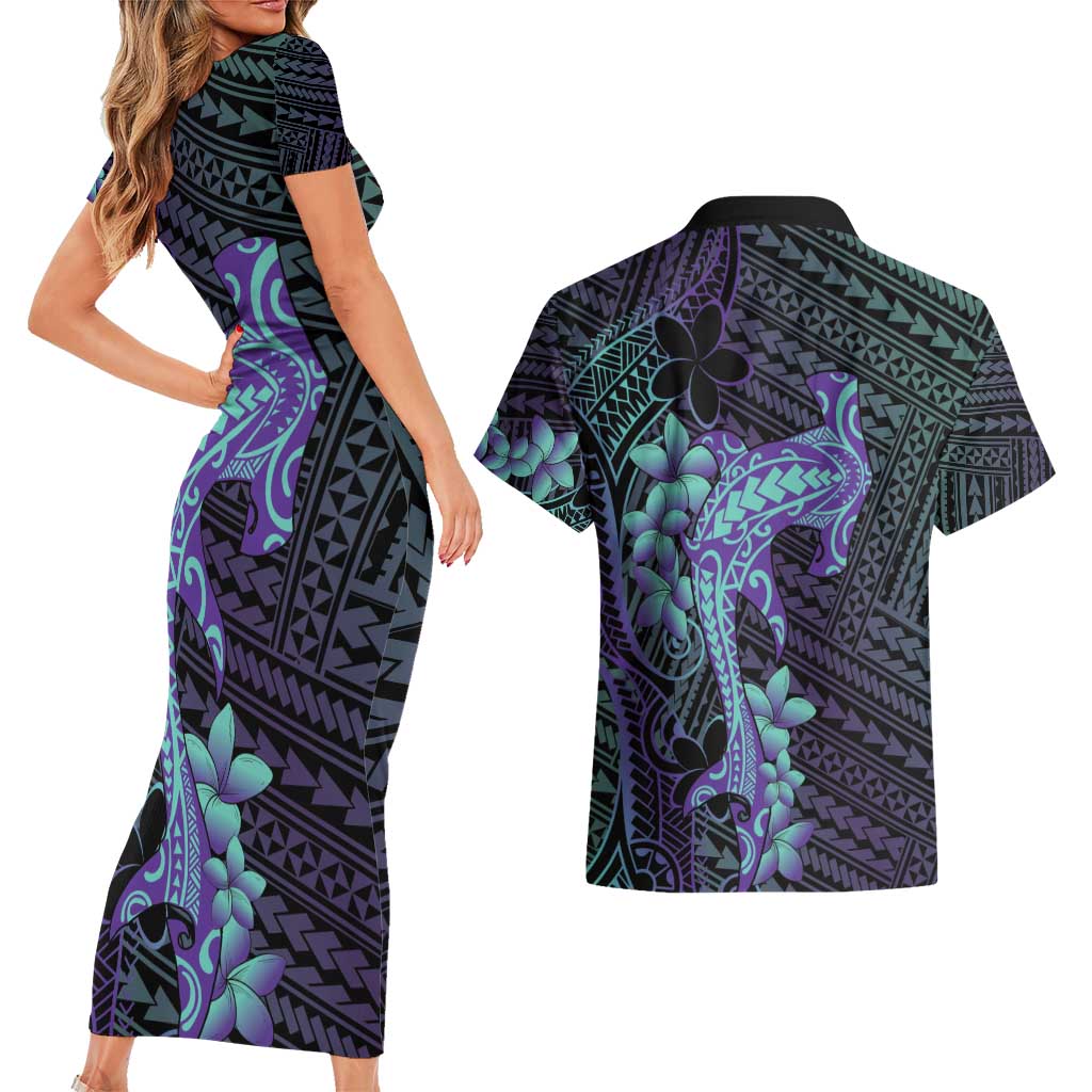 Purple Paradise Hawaii Couples Matching Short Sleeve Bodycon Dress and Hawaiian Shirt Hammerhead Shark Tattoo Curve Polynesian LT14 - Polynesian Pride